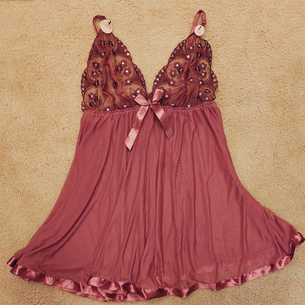 New Fun & Flirty Bronze Sheer Babydoll Chemise Lingerie w Sequins & Panties